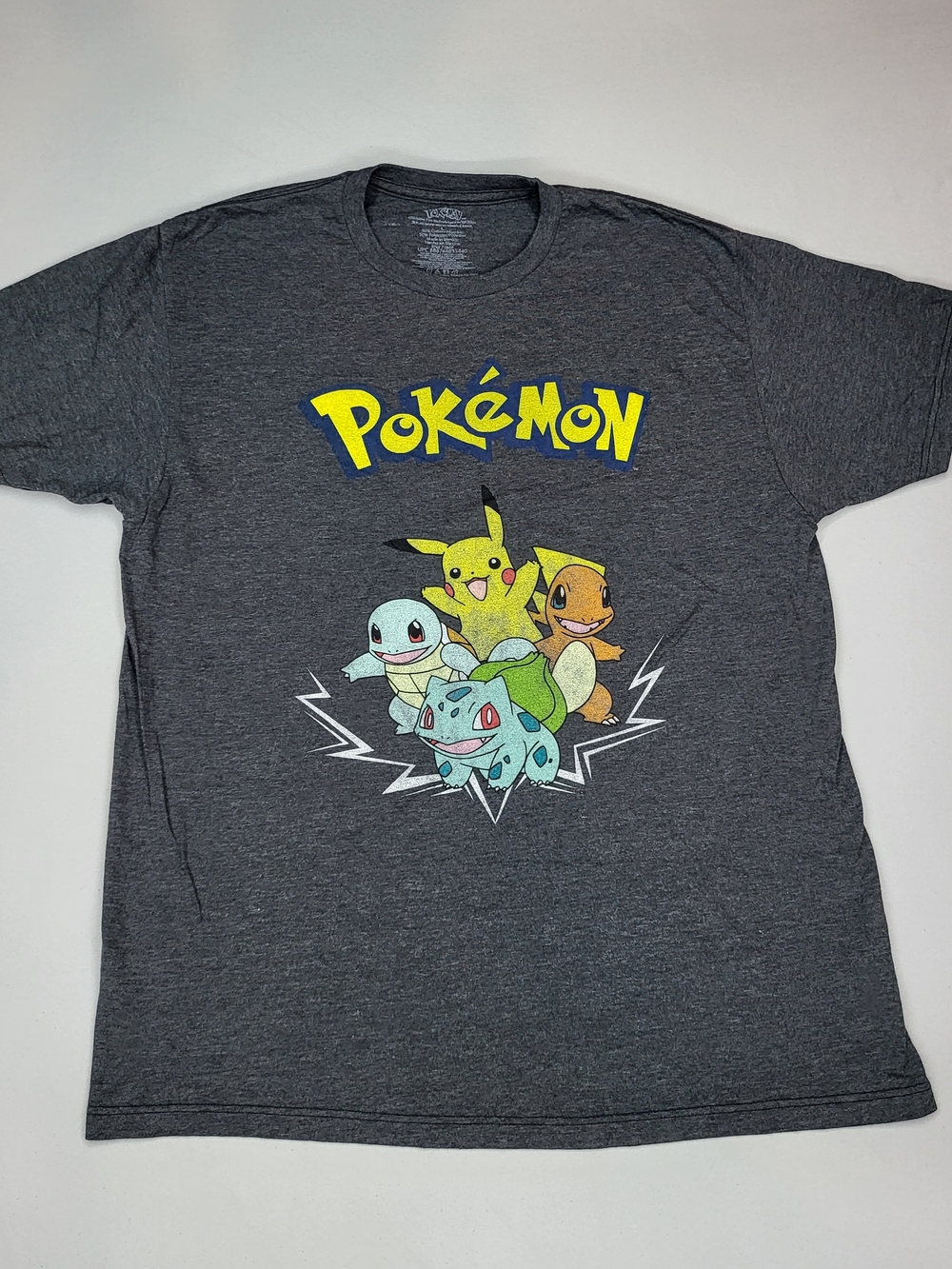 Pokemon Charcoal Gray T-Shirt with Pikachu, Bulbasaur, Charmander, Squirtle